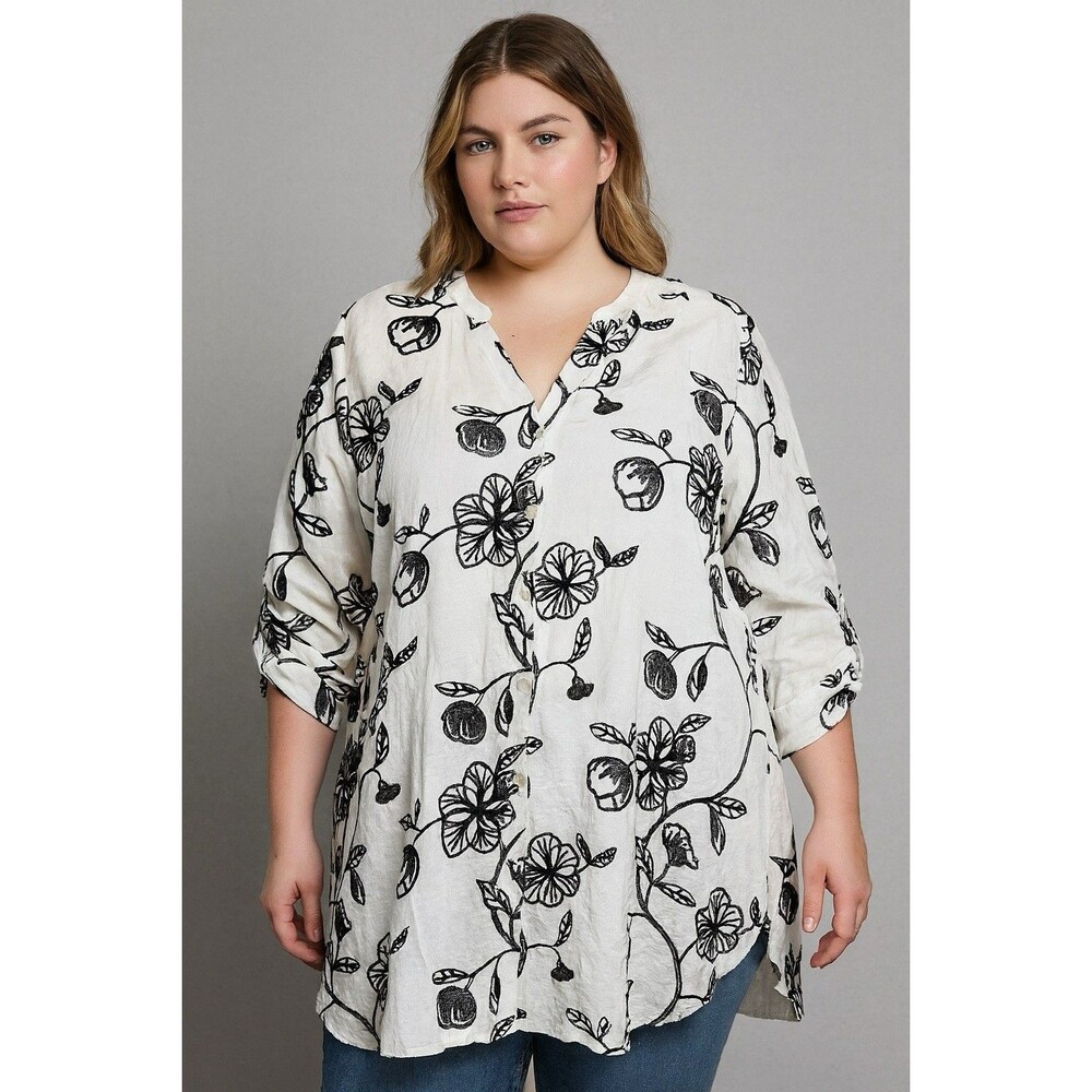 Kindred 2X Artsy Boho Floral Embroidered Tunic Blouse Top White Black Feminine